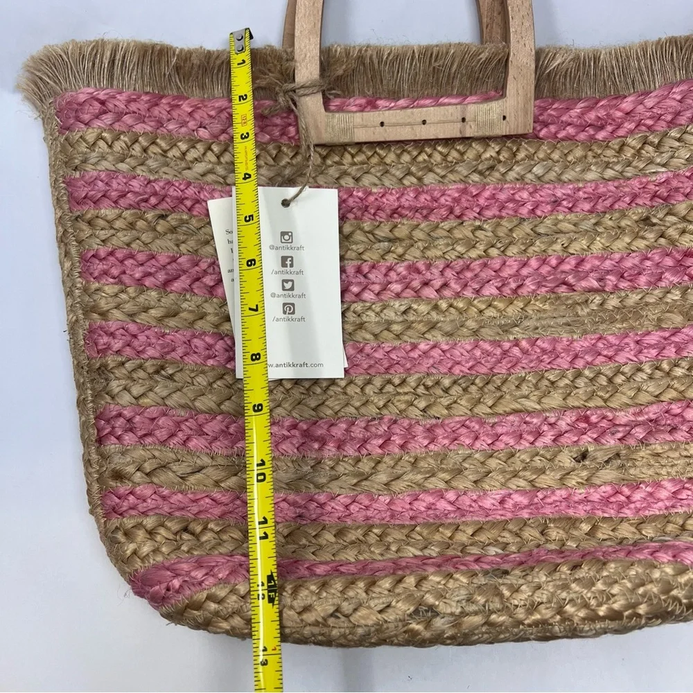NWT Antik Kraft Natural and Pink Striped Jute Tote with Wooden Handles - Picture 8 of 10